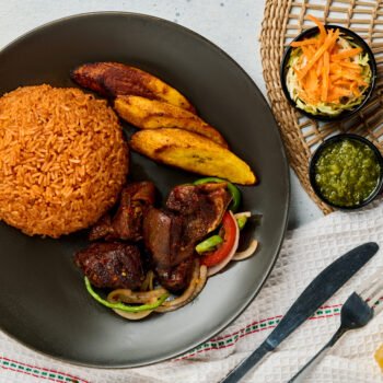 Ghana Jollof, Sweet Plantain & Peppered Goat
